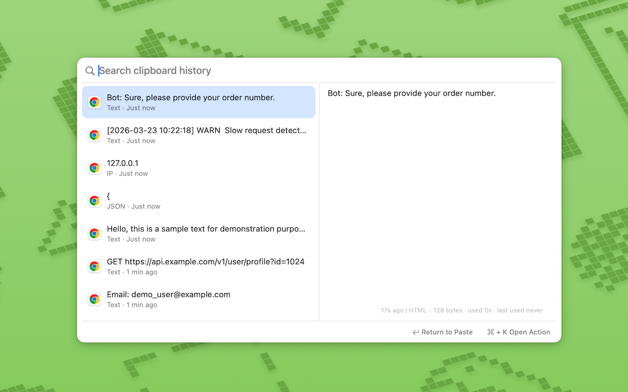 ClipMind clipboard history search panel on macOS